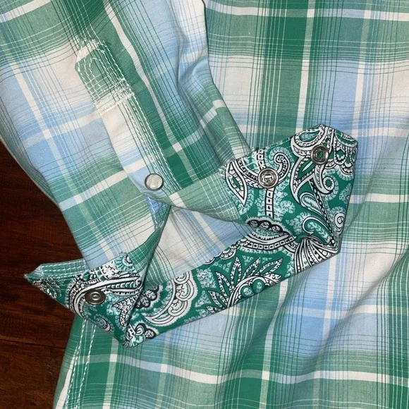 Wrangler 20X Competition Pearl Snap Western Shirt Medium Plaid Cowboy Flip Cuffs - Picture 7 of 10